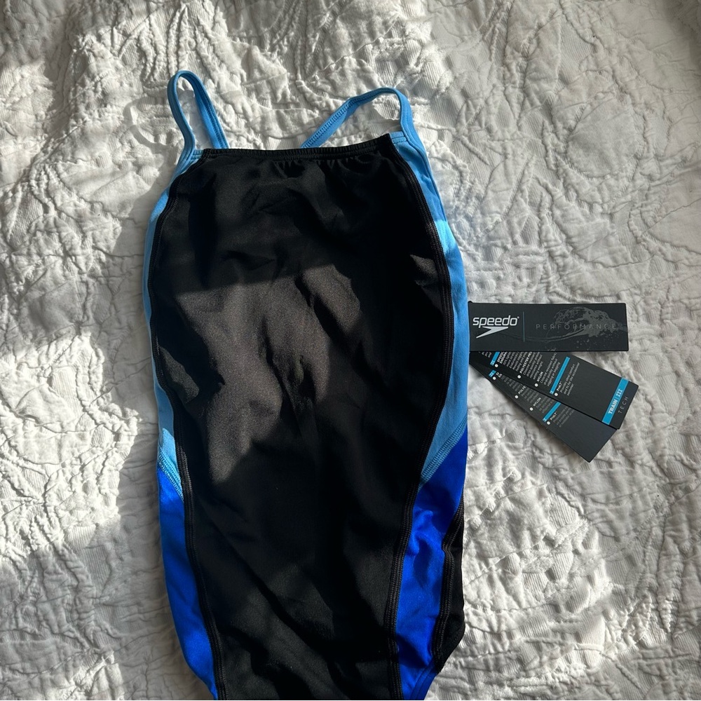 Speedo Black Swimsuit with Light Blue and Royal Blue Panels